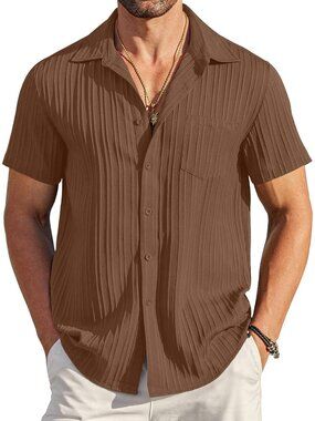 Men's Brown Short Sleeve Textured Summer Collared Casual Button Down Shirts